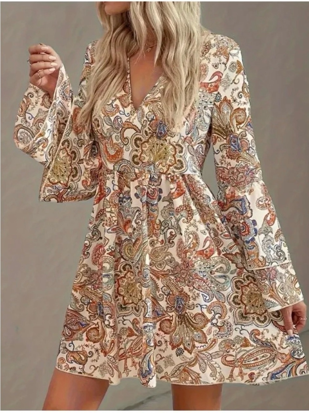 Boho Paisley V-Neck Bell Sleeve Dress - Cream size medium